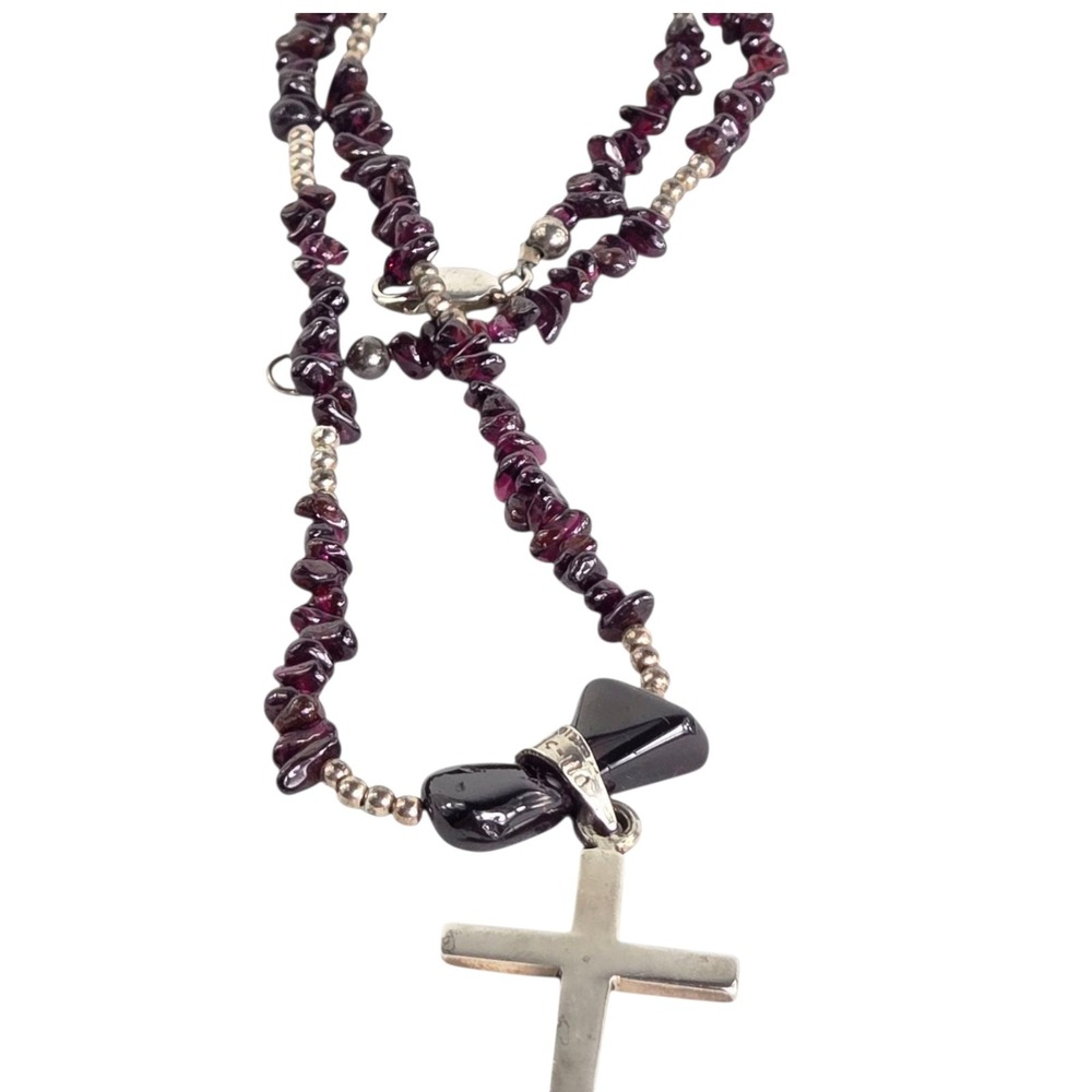 Taxco 925 Rhodolite Garnet Bead Necklace Sterling Cross Pendant Vtg Religious - Picture 5 of 15